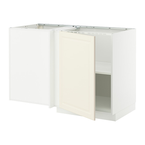 METOD corner base cabinet with shelf, white/Bodbyn off-white