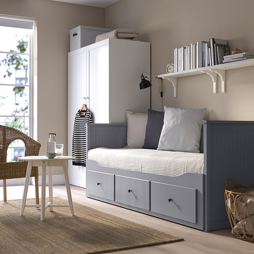 HEMNES day-bed w 3 drawers/2 mattresses, grey/Vannareid extra firm