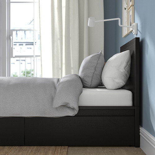 MALM bed frame, high, w 2 storage boxes