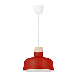 BUNKEFLO - Lampu gantung, merah/kayu birch, 36 cm