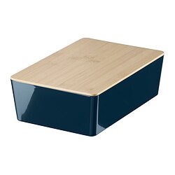 KUGGIS - Box with lid, black-blue/bamboo, 18x26x8 cm