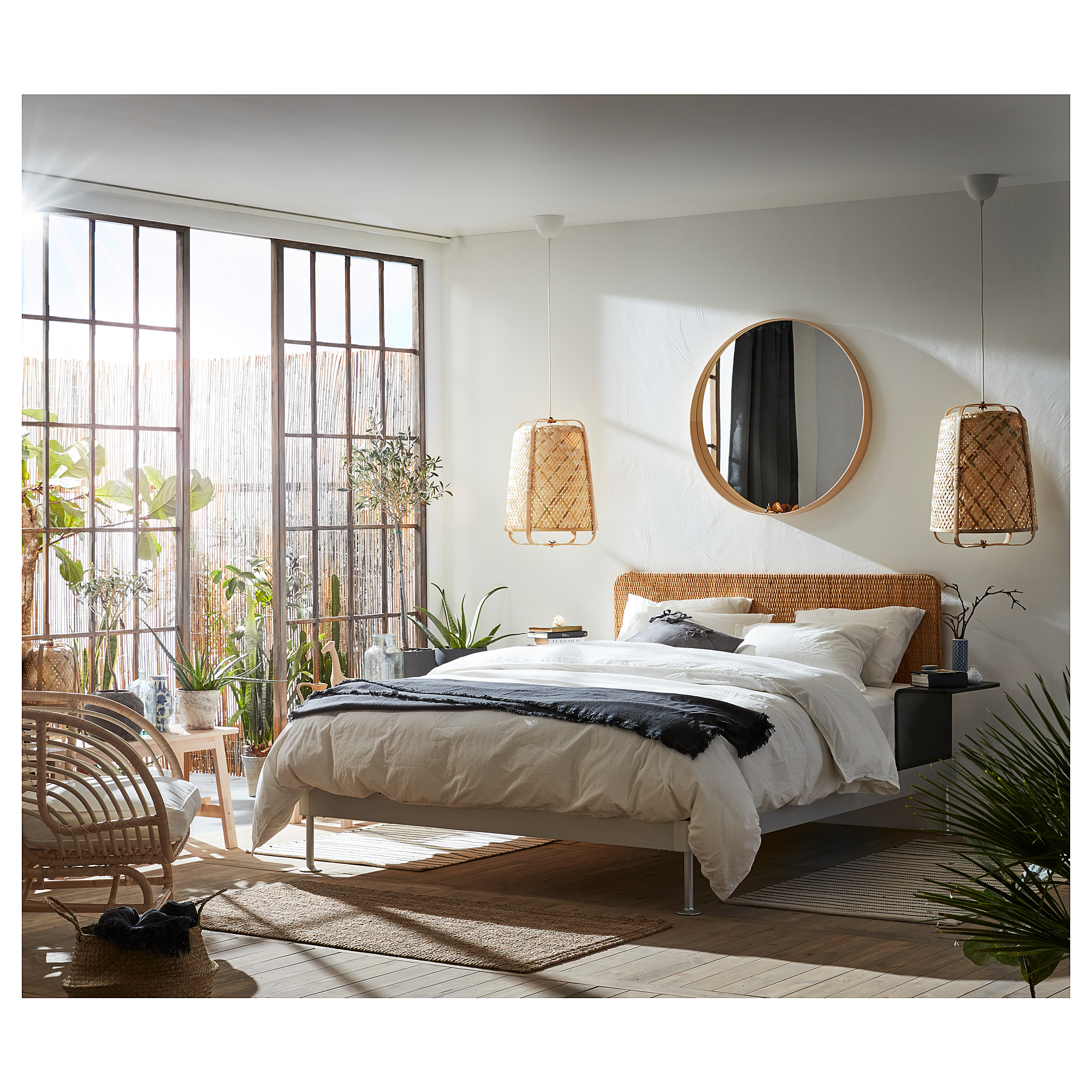 DELAKTIG bed frame/headboard/2 side tables, aluminium/rattan IKEA