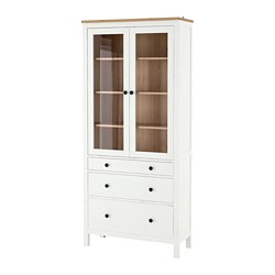 HEMNES - Glass-door cabinet with 3 drawers, white stain/light brown, 90x198 cm