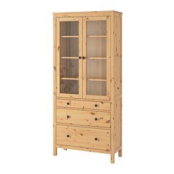 HEMNES - Glass-door cabinet with 3 drawers, light brown, 90x198 cm