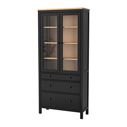 HEMNES - Glass-door cabinet with 3 drawers, black-brown/light brown, 90x198 cm
