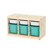 TROFAST - Storage combination with boxes, light white stained pine white/turquoise, 93x44x53 cm