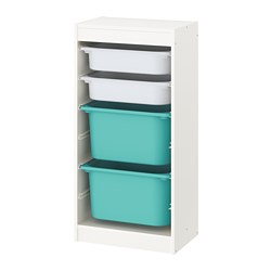 TROFAST - Storage combination with boxes, white/white turquoise, 46x30x95 cm