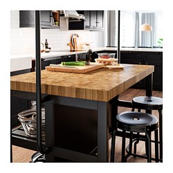 VADHOLMA - Kitchen island with rack, black/oak, 126x79x193 cm