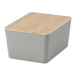 KUGGIS - Box with lid, light grey/bamboo, 13x18x8 cm