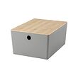 KUGGIS - Box with lid, light grey/bamboo, 26x35x15 cm