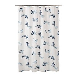 VATTENSJÖN - Shower curtain, white blue/fish, 180x200 cm