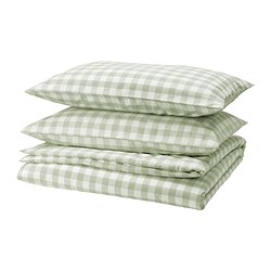 EKTANDVINGE - Duvet cover and 2 pillowcases, pale grey-green white/check, 200x200/50x80 cm