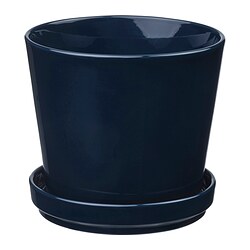 KLOTLÖNN - Plant pot with saucer, in/outdoor/black-blue, 15 cm