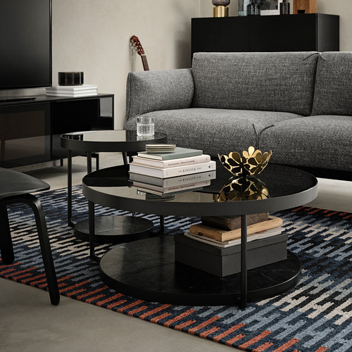 FRÖTORP side table, anthracite marble effect/black glass, 48 cm