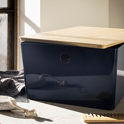 KUGGIS - Box with lid, black-blue/bamboo, 26x35x15 cm
