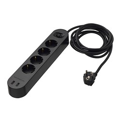 KOPPLA - 4 jalur stopkontak dgn 2 port USB, hitam, 3.0 m