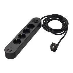 KOPPLA - 4 jalur stopkontak dgn 2 port USB, hitam, 3.0 m