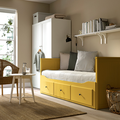 驚きの激安価格 3 with frame day-bed HEMNES drawers, cm 80x200 yellow, ソファベッド