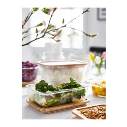 IKEA 365+ - Wadah makanan dengan penutup, persegi panjang kaca/bambu, 1.8 l