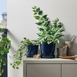 KLOTLÖNN - Plant pot with saucer, in/outdoor/black-blue, 15 cm