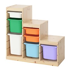 TROFAST - Storage combination with boxes, light white stained pine/multicolour, 99x44x91 cm