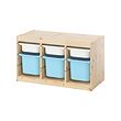 TROFAST - Storage combination with boxes, light white stained pine white/light blue, 93x44x53 cm