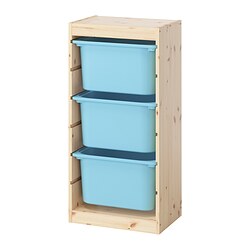 TROFAST - Storage combination with boxes, light white stained pine/light blue, 44x30x91 cm