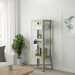 FABRIKÖR - Glass-door cabinet, pale grey-green, 57x150 cm