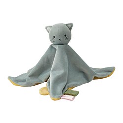 GULDVÄVARE - Comfort blanket with soft toy, blue yellow/cat