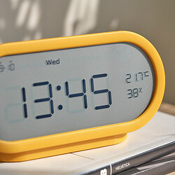 RÖDSTRÄFSE - Alarm clock with hygro-/thermometer, yellow, 17x8x6 cm