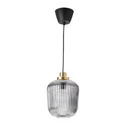 SOLKLINT - Pendant lamp, brass/grey clear glass, 22 cm
