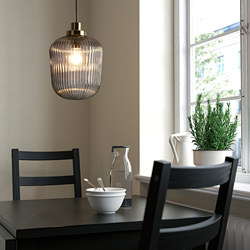 SOLKLINT - Pendant lamp, brass/grey clear glass, 22 cm