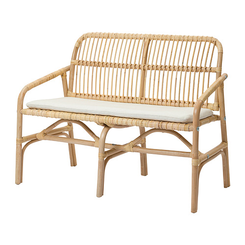 GRYTTOM/SALNÖ bench with pad, armrests rattan/Gransel natural