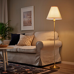 FLYGHÖJD - Floor lamp, brass/beige
