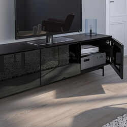 RANNÄS - TV bench with doors, black/black glass, 178x42 cm