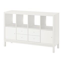 KALLAX - Unit rak dengan rangka bawah, dengan 2 pintu/4 laci/putih, 147x94 cm