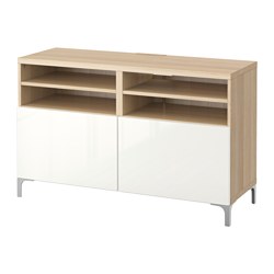 BESTÅ - TV bench with doors, white stained oak effect/Selsviken/Nannarp high-gloss/white, 120x42x74 cm