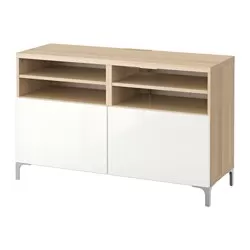 BESTÅ - Meja TV dengan pintu, efek kayu oak diwarnai putih/Selsviken/Nannarp high-gloss/putih, 120x42x74 cm
