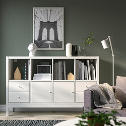 KALLAX - Unit rak dengan rangka bawah, dengan 2 pintu/4 laci/putih, 147x94 cm