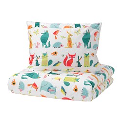 LATTJO - Sarung duvet dan sarung bantal, binatang/aneka warna, 150x200/50x80 cm