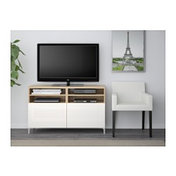 BESTÅ - TV bench with doors, white stained oak effect/Selsviken/Nannarp high-gloss/white, 120x42x74 cm