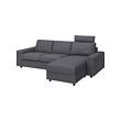 VIMLE - Sofa 3 dudukan dengan chaise longue, dengan sandaran kepala dengan sandaran tangan lebar/Gunnared abu-abu medium
