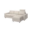 VIMLE - Sofa 3 dudukan dengan chaise longue, dengan sandaran kepala dengan sandaran tangan lebar/Gunnared krem