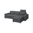 VIMLE - 3-seat sofa with chaise longue, with headrest with wide armrests/Hallarp grey