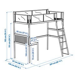 VITVAL - Loft bed frame with desk top, white/light grey, 90x200 cm