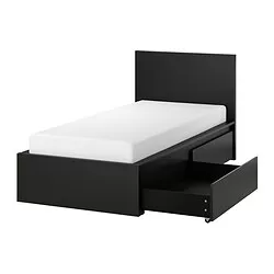 MALM - Bed frame, high, w 2 storage boxes, black-brown, 90x200 cm