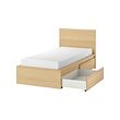 MALM - Bed frame, high, w 2 storage boxes, white stained oak veneer/Lönset, 90x200 cm