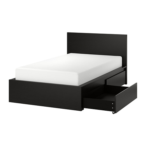 MALM bed frame, high, w 2 storage boxes