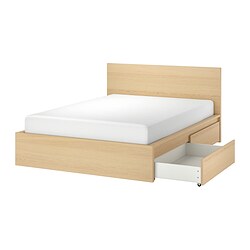 MALM - Bed frame, high, w 2 storage boxes, white stained oak veneer/Luröy, 160x200 cm