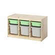 TROFAST - Storage combination with boxes, light white stained pine light green/grey, 93x44x53 cm